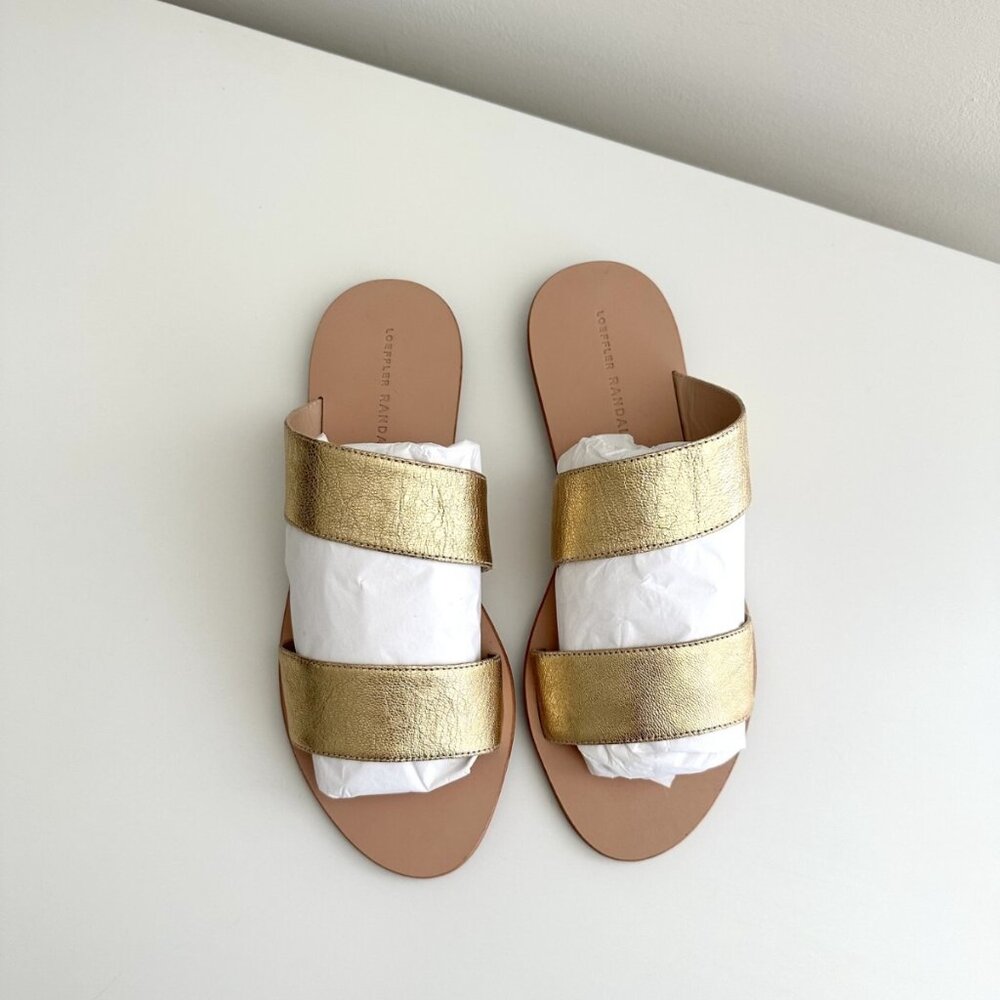 NEW LOEFFLER RANDALL Metallic Gold Leather Double Strap Flat Sandals Size 8 - Picture 3 of 7